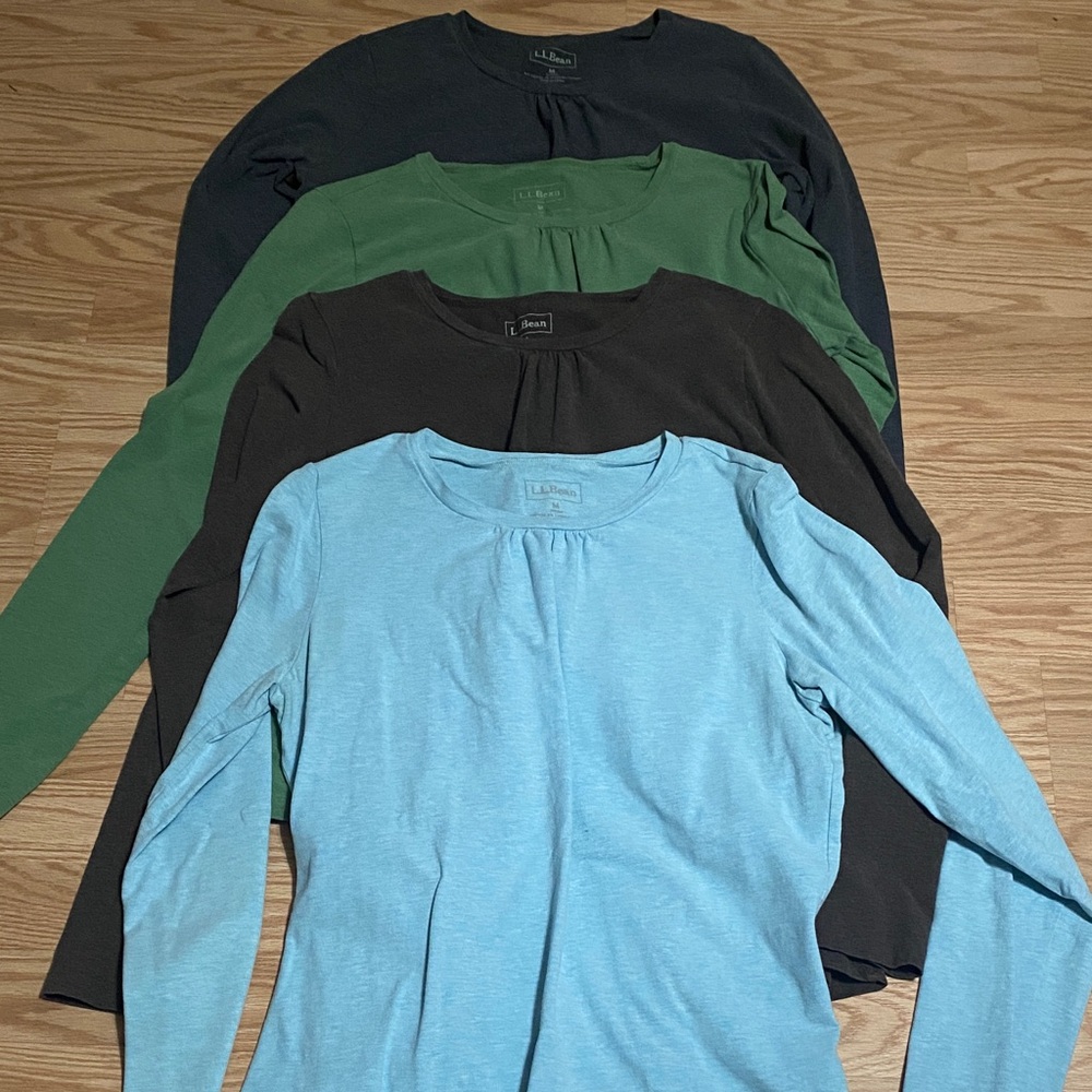 4 L.L. Bean Women's Pleated Long Sleeve Cotton Tee Blue Green Gray Brown M